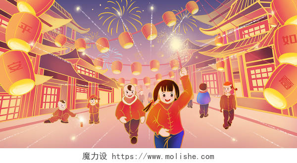 春节习俗元旦元旦节新年烟花2021年春节街道放鞭炮的儿童插画海报